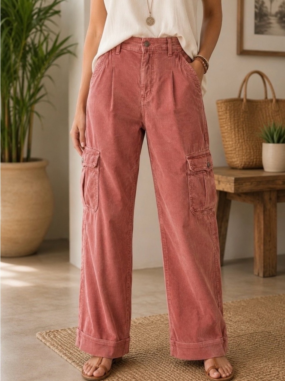 American Eagle Super High Rise Baggy Wide Leg Corduroy Cargo Pants Size 6 Pink